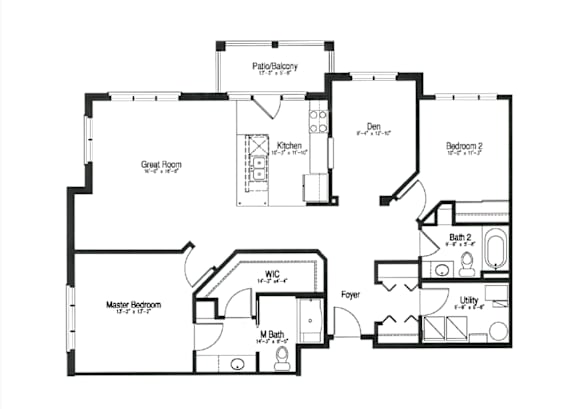 A black and white floor plan of a house with a master bedroom and a great room.