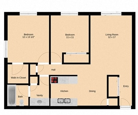 A floor plan of a house with two bedrooms, a living room, a hall, a kitchen, a dining area, a bathroom, a walk-in closet, and a vanity.