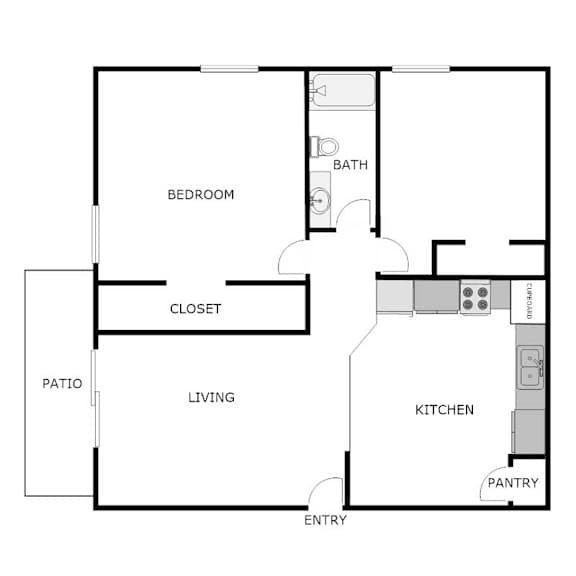 A floor plan of a house with a bedroom, bath, closet, living room, kitchen, pantry, and patio.