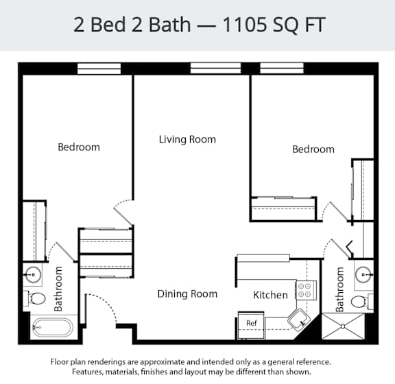 A floor plan for a 2 Bed 2 Bath - 1105 SQ FT layout.