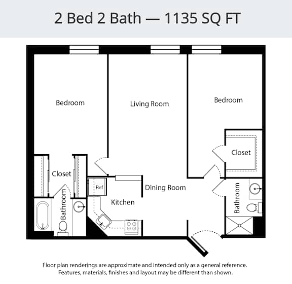 A floor plan for a 2 Bed 2 Bath - 1135 SQ FT.