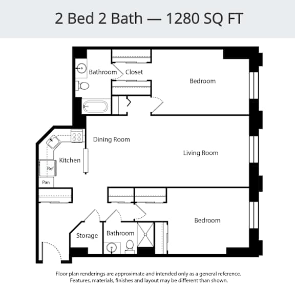 A floor plan for a 2 Bed 2 Bath - 1280 SQ FT.