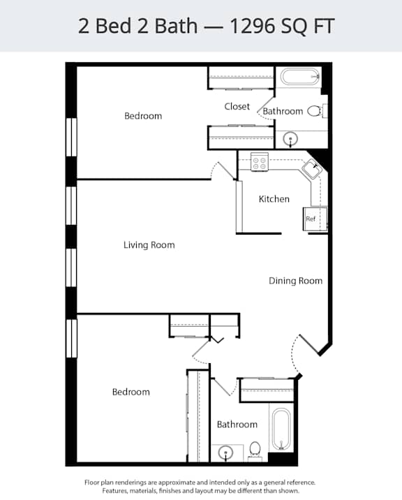A floor plan for a 2 Bed 2 Bath - 1296 SQ FT.