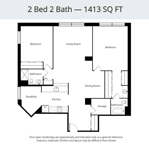 A floor plan for a 2 Bed 2 Bath apartment sized at 1413 square feet.