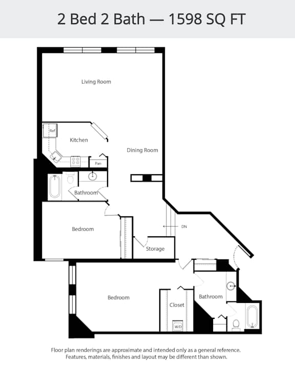 A floor plan for a 2 Bed 2 Bath - 1598 SQ FT.