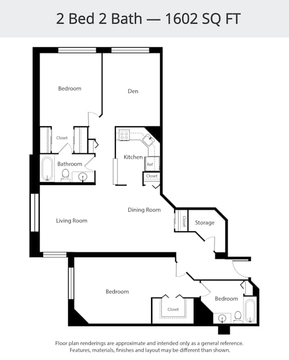 A floor plan of a 2 Bed 2 Bath - 1602 SQ FT.