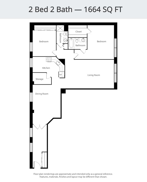 A floor plan of a 2 Bed 2 Bath apartment is 1664 square feet.
