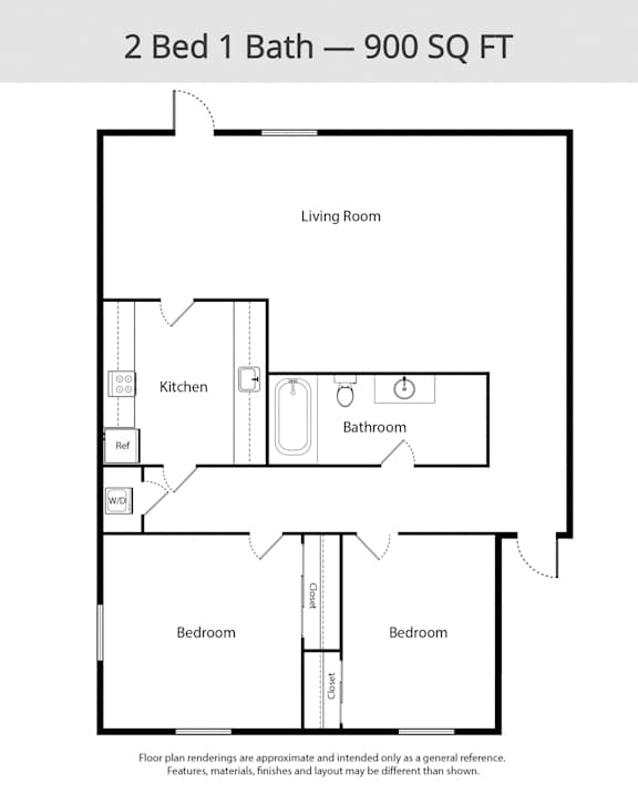 A floor plan of a 2 Bed 1 Bath - 900 SQ FT.