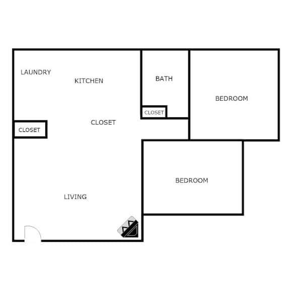 A floor plan of a house with a laundry room, kitchen, bathroom, and bedrooms.