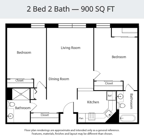 A floor plan for a 2 Bed 2 Bath - 900 SQ FT layout.