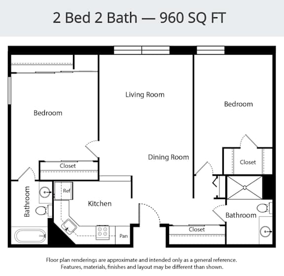 A floor plan of a 2 Bed 2 Bath - 960 SQ FT.