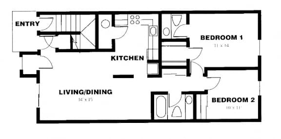 A black and white floor plan of a small apartment with two bedrooms, a living/dining area, a kitchen, and an entry point.