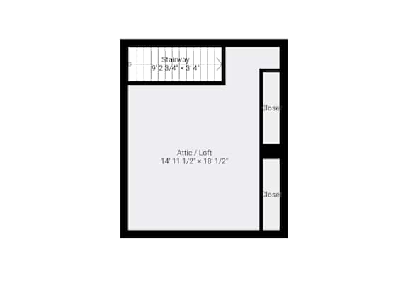 A drawing of a room with a stairway and two closets.