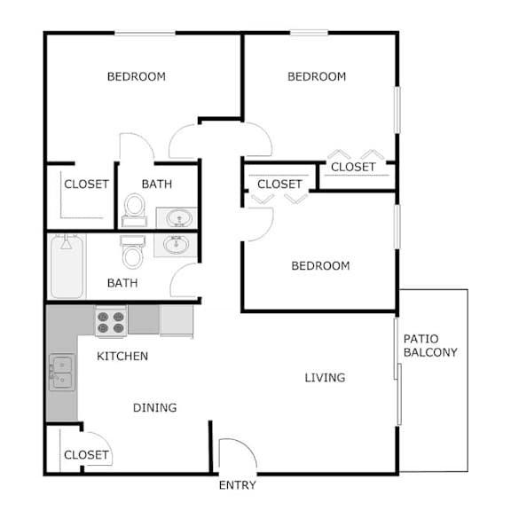 A floor plan of a house with three bedrooms, a living room, a dining room, a kitchen, a bathroom, and a patio balcony.