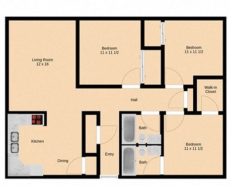 A floor plan of a house with a living room, two bedrooms, a kitchen, a dining area, and a hallway.