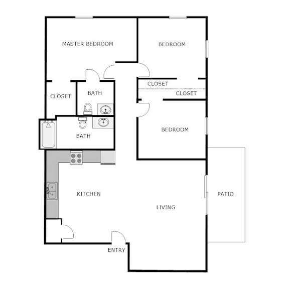 A floor plan of a house with a master bedroom, two bathrooms, a kitchen, a living room, and a patio.