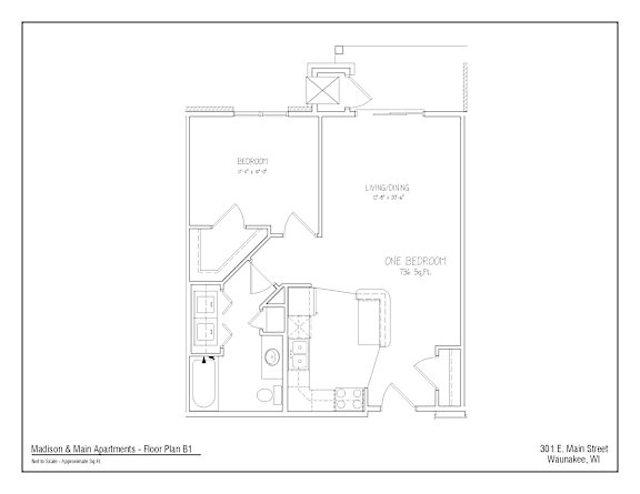 A black and white image of a floor plan for Madison & Main Apartments in Waunakee, WI.