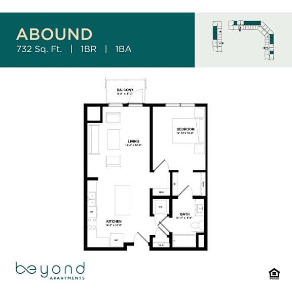 A floor plan for an apartment at ABOUND shows a living room, bedroom, kitchen, and bathroom.