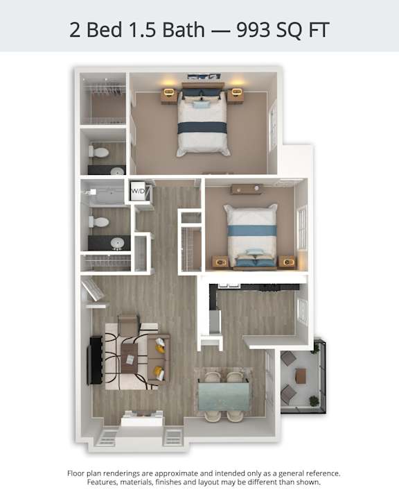 A floor plan of a 2 Bed 1.5 Bath apartment is shown.