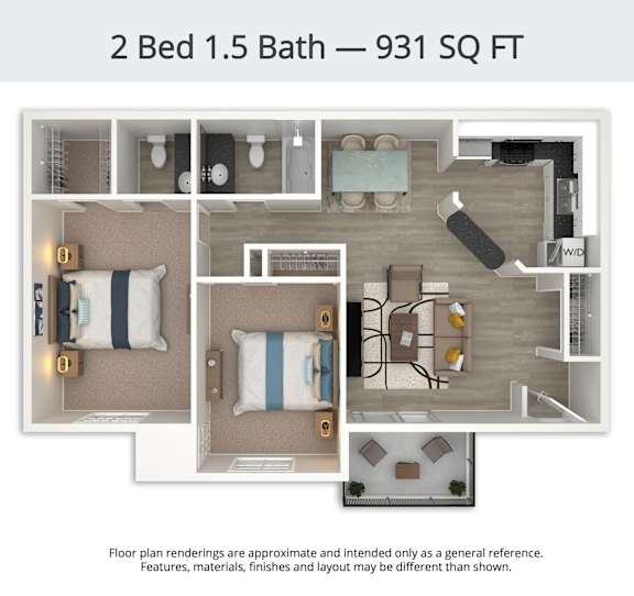 A floor plan of a 2 bedroom, 1.5 bathroom apartment is 931 square feet.