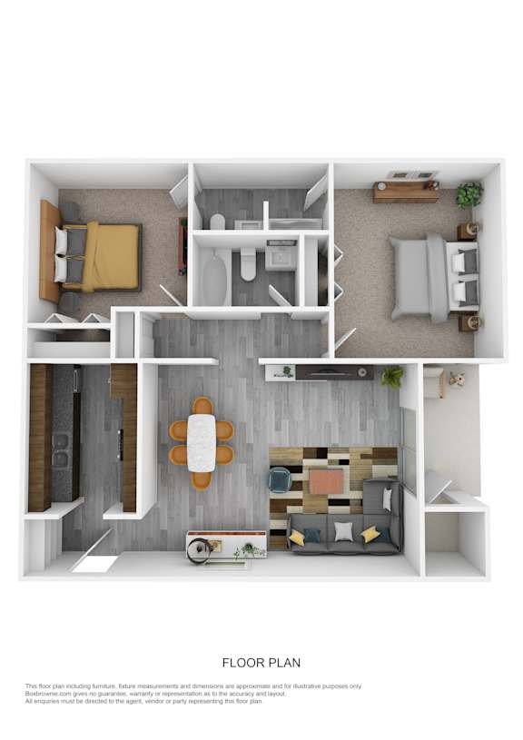 A floor plan of a small apartment with a living room, kitchen, and two bedrooms.