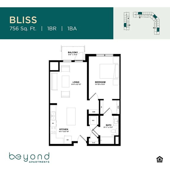 A floor plan for an apartment at BLISS shows a living room, a balcony, a kitchen, a bathroom, and a bedroom.