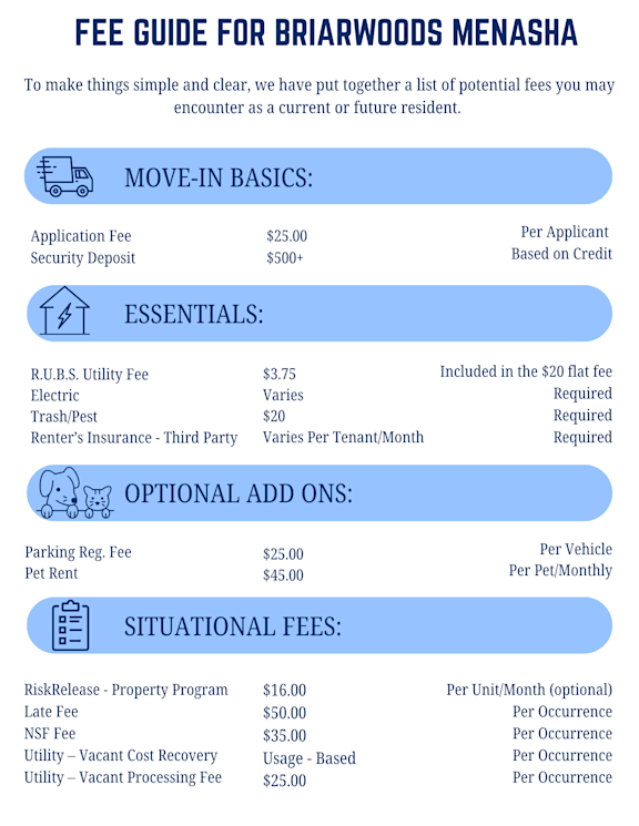 A fee guide for Briarwoods Menasha outlines various fees for move-in essentials, optional add-ons, and situational fees.