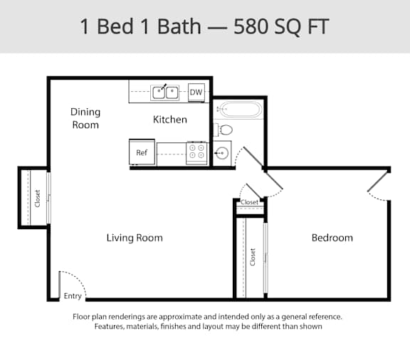 A floor plan for a 1 Bed 1 Bath apartment sized at 580 square feet.