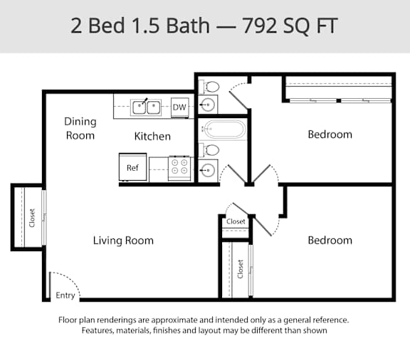 A floor plan of a 2 Bed 1.5 Bath apartment is 792 square feet.