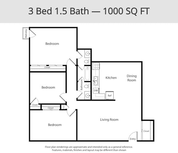 A floor plan for a 3 Bed 1.5 Bath - 1000 SQ FT.