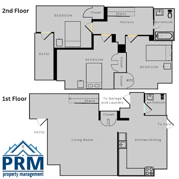 A floor plan of a two-story home with a living room, kitchen/dining area, and multiple bedrooms.
