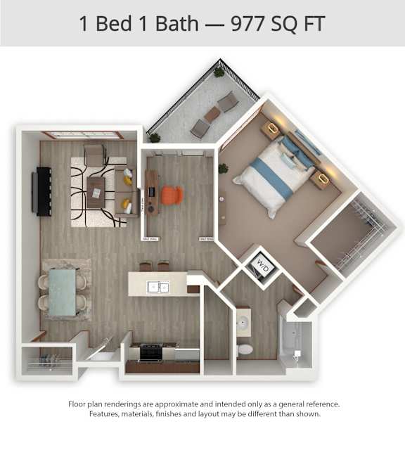 A floor plan of a 1 Bed 1 Bath apartment is 977 square feet.
