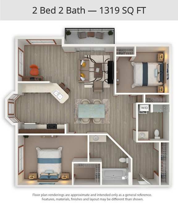 A 2 Bed 2 Bath apartment is 1319 square feet.