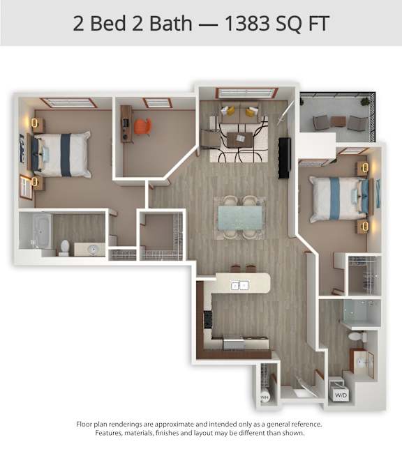 A floor plan of a 2 Bed 2 Bath apartment is 1383 square feet.