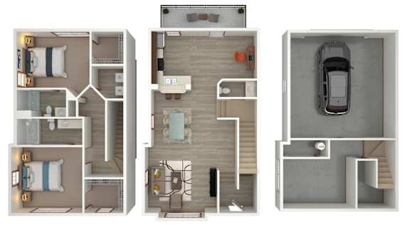 Three different floor plans of a house are shown.