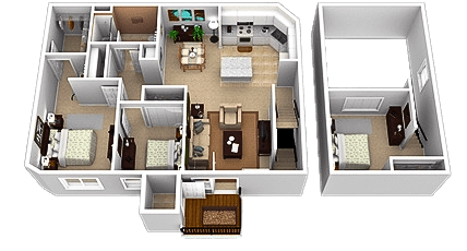 A 3D floor plan of a two-bedroom apartment with a living room, kitchen, and bathroom.