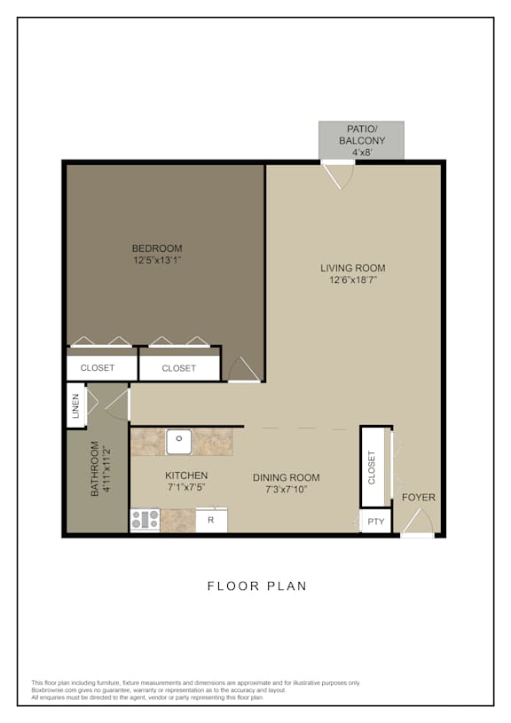 A floor plan of a house with a living room, dining room, kitchen, bathroom, bedroom, and closets.
