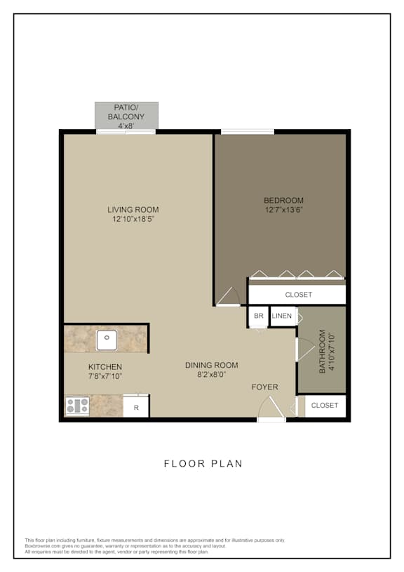 A floor plan of a living space with a living room, dining room, kitchen, and bedroom.