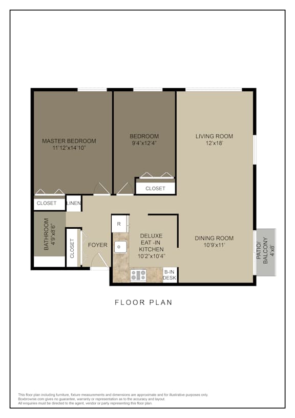 A floor plan of a house with a master bedroom, two bathrooms, a living room, a dining room, and a kitchen.