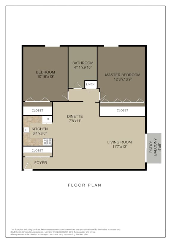 A floor plan of a house with a living room, two bedrooms, a bathroom, a kitchen, a foyer, and two closets.