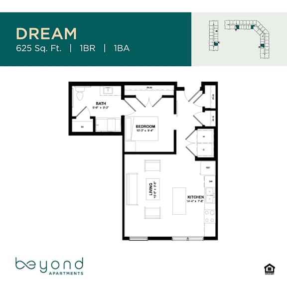 A floor plan for an apartment named DREAM is shown, which is 625 square feet and has 1 bedroom and 1 bathroom.