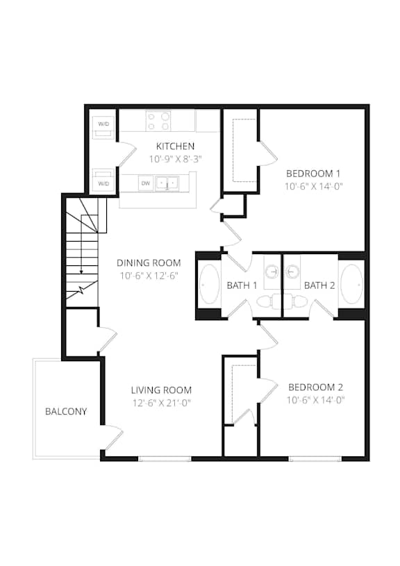 A floor plan of a house with a living room, dining room, kitchen, two bedrooms, and two bathrooms.