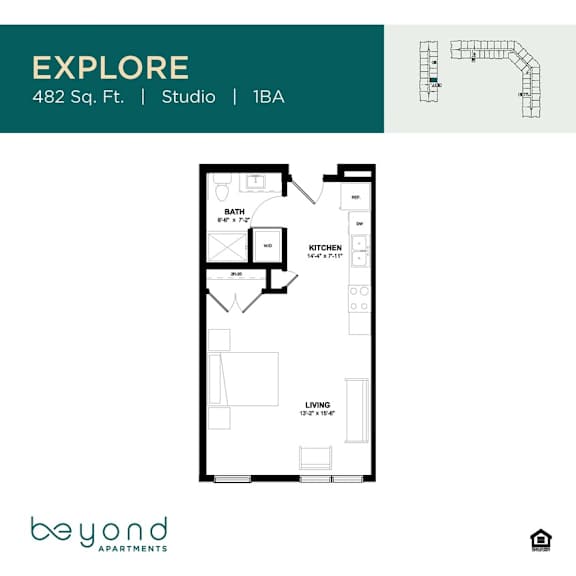 A floor plan for an apartment at 482 Sq. Ft. including a studio and 1BA.