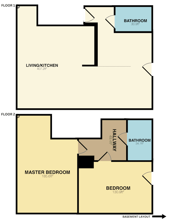 A diagram of a two-story house layout with labeled rooms and dimensions.