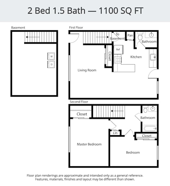 A floor plan for a 2 bedroom, 1.5 bath home that is 1100 square feet.
