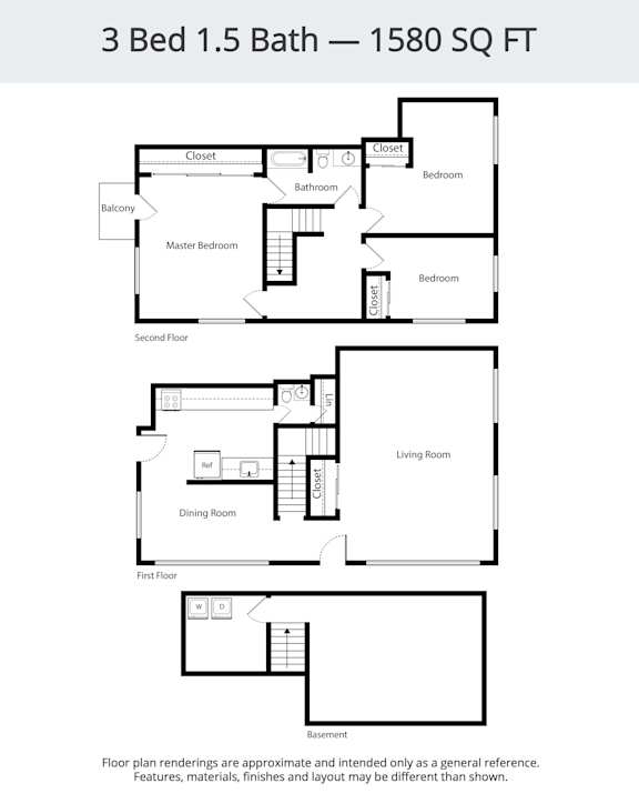 A floor plan for a 3 Bed 1.5 Bath - 1580 SQ FT.