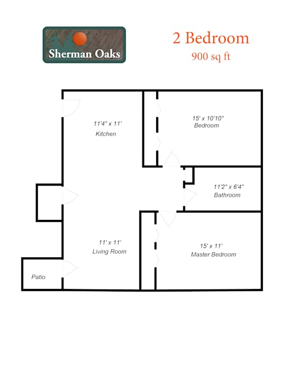 A floor plan for a 2 Bedroom, 900 sq ft property.