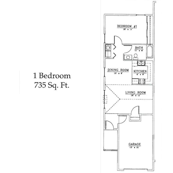 A floor plan of a 1 Bedroom 735 Sq. Ft. apartment.