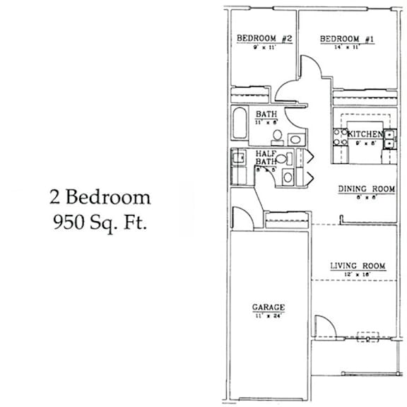 A floor plan of a 2 Bedroom apartment that is 950 square feet.