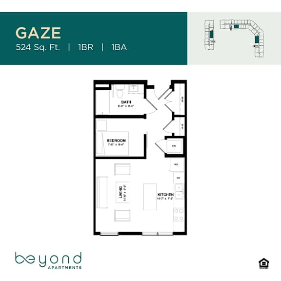 A floor plan for an apartment named Gaze is shown, which is 524 square feet and has 1 bedroom and 1 bathroom.